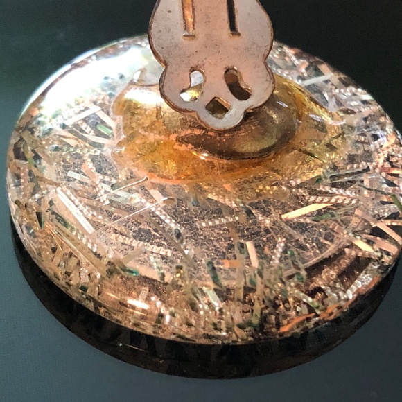 3/$32 VTG 60s Black/Clear Resin Silver Metal Foil Flakes Round Clip On Earrings - Picture 10 of 10